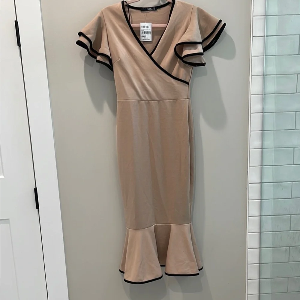 NWT Quiz Midi Size 2 Elegant Tan Ruffle Dress - Picture 2 of 9